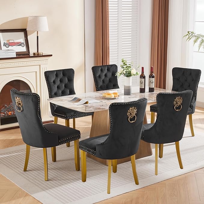 Velvet Dining Chairs Set of 6, Upholstered Dining Room Chairs with Lion Head Pulls Ring and Golden Solid Wood Legs, Modern Button Tufted Kitchen Chairs for Dining Room, Kitchen(Black)