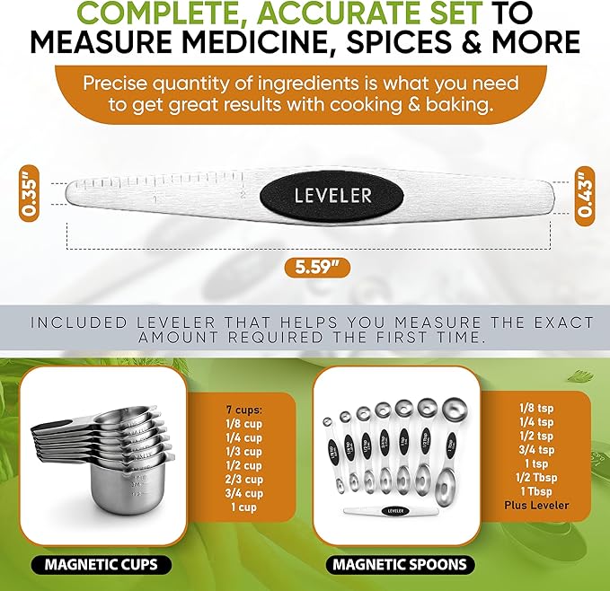 Spring Chef Stainless Steel Magnetic Measuring Cups & Spoons, Set of 15 & Large Dough Blender & Biscuit Cutter Set - 2 Product Bundle - Black