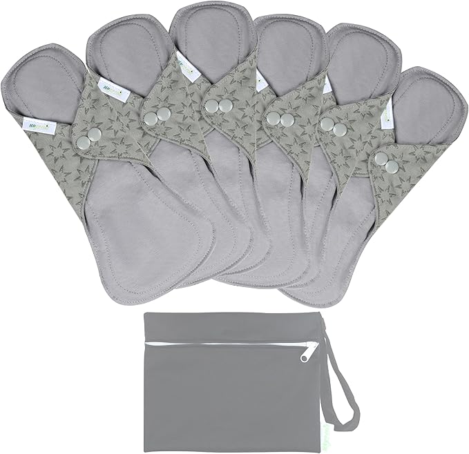 wegreeco 6 Pcs Reusable Menstrual Pads, Ultra Absorbent Cloth Pads for Heavy Flow, Sanitary for Teens,Women, Nonslip, Grey Inner, Grey Outer, Large