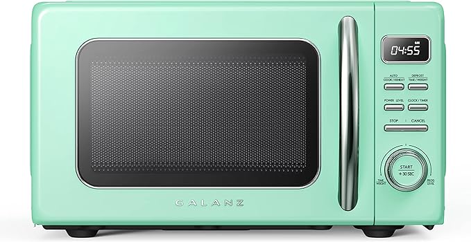 Galanz GLCMKZ09GNR09 Retro Countertop Microwave Oven with Auto Cook & Reheat, Defrost, Quick Start Functions, Easy Clean with Glass Turntable, Pull Handle.9 cu ft, Green