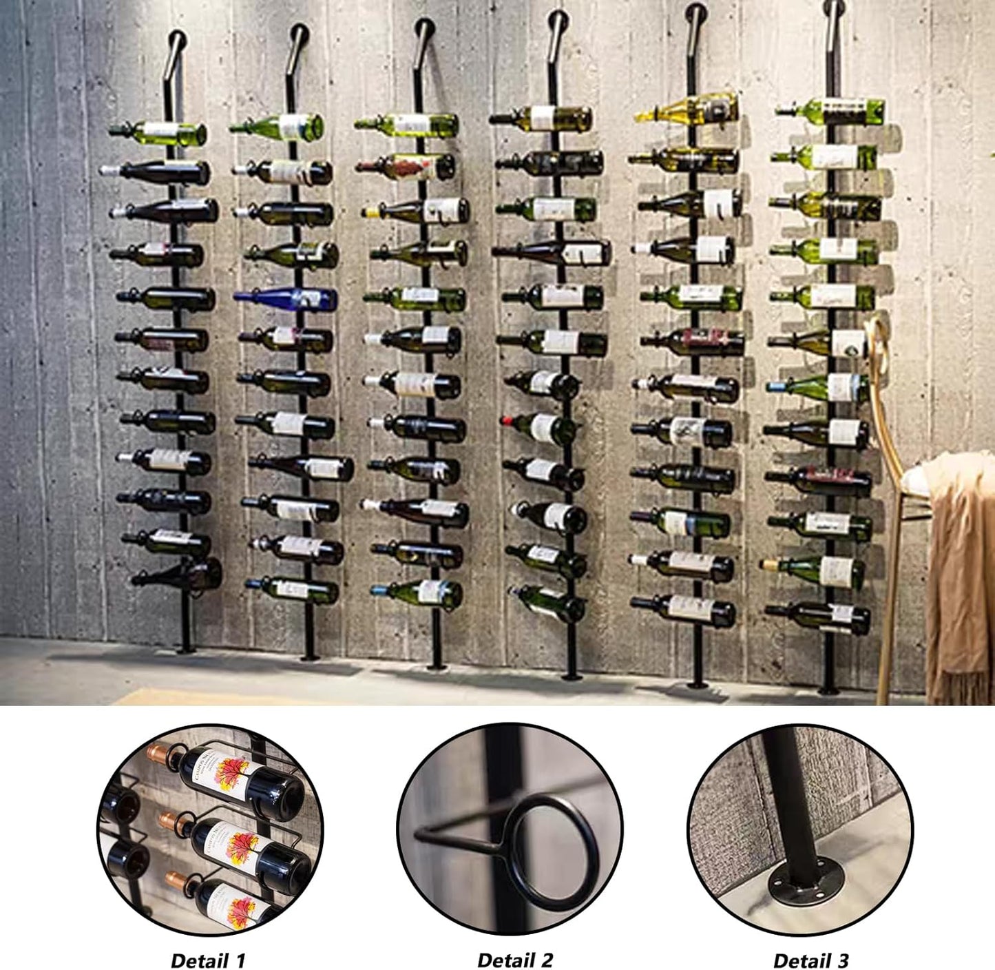 Wine Rack Wall Mounted, 72.8in High Metal Wine Bottle Holder for 12 Bottles, Kitchen Organization and Wine Storage for Commercial Restaurants Pantry Bar Wine Cellar (Gold, Five rows-60 Bottles)