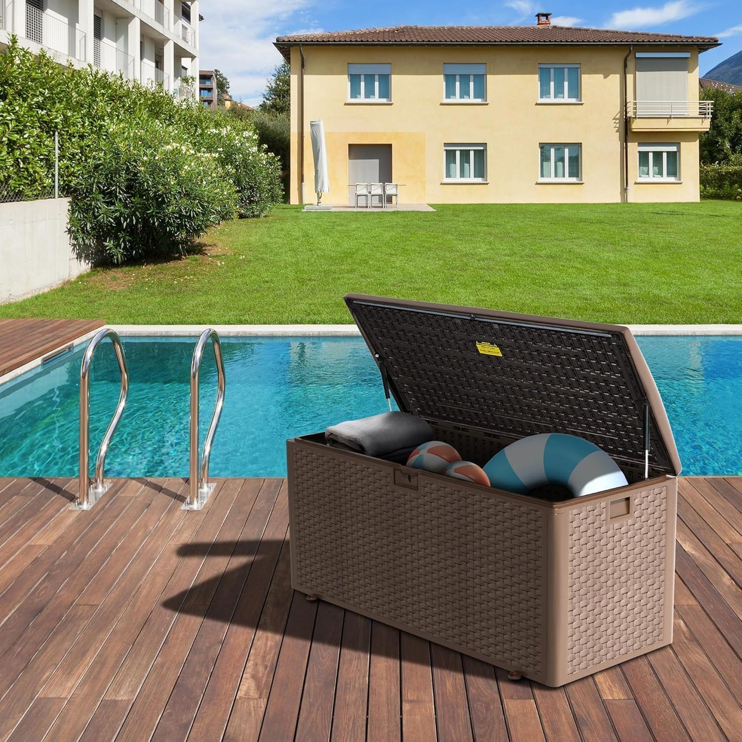 180 Pro Gallon Deck Box,Outdoor Storage Box Lockable,Waterproof for Patio Furniture, Garden Tools, Pool Accessories, Package Delivery Boxes For Outside, Brown