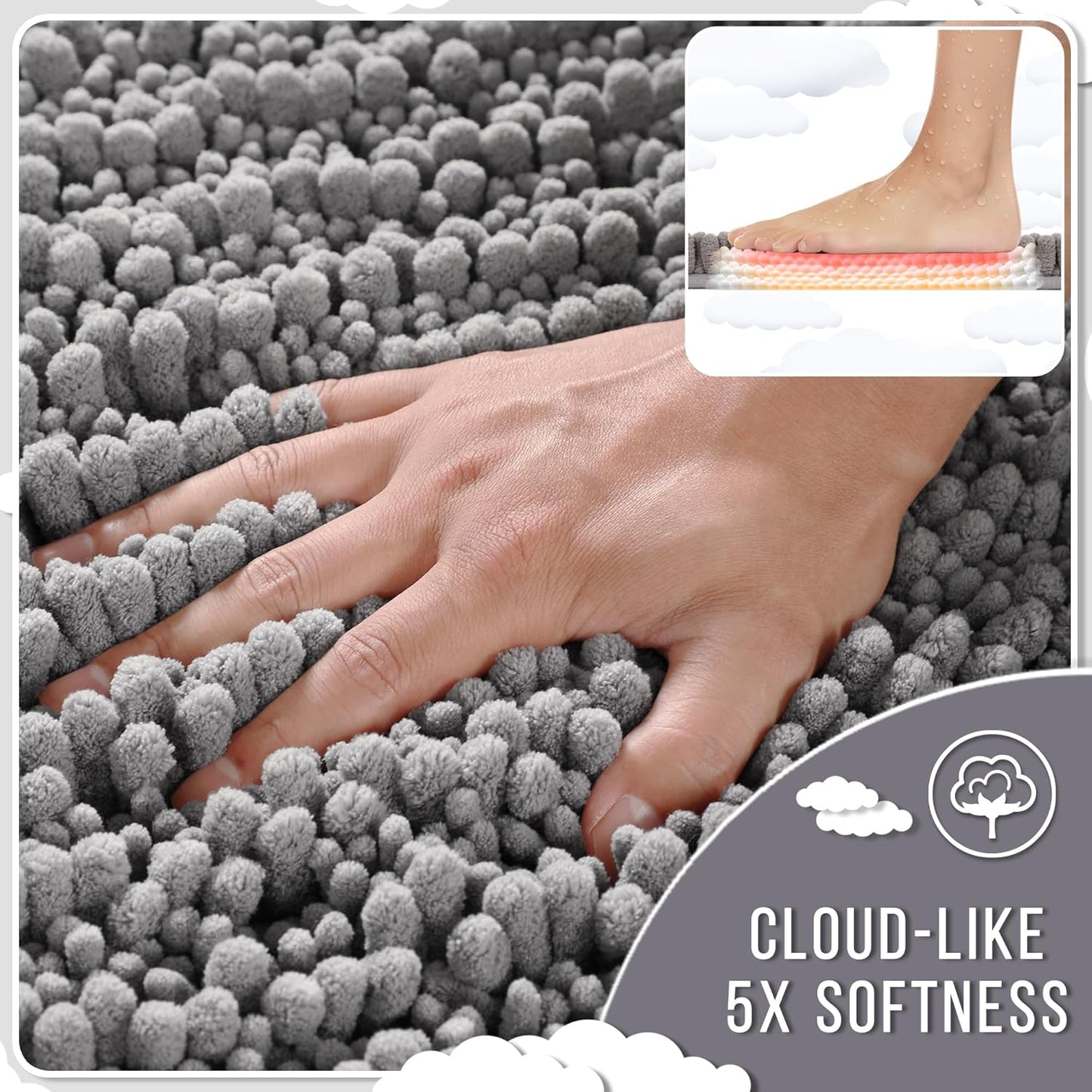 Yimobra Bathroom Rugs Non Slip Washable 32x20 Inch - Ultra Soft Absorbent Chenille Bath Mat, Quick Dry Shaggy Floor Carpet for Tub Shower, Gray Home Decor Accessories