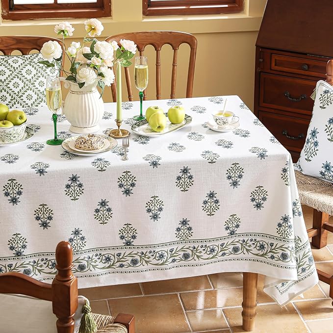 ISAENNE Designer White Linen Long Tablecloth Rectangle,Chinoiserie Floral Elegant Indoor Table Cloth,Fall Stain Proof Decor Tablecloths for Dining Thanksgiving Kitchen,63"*102"-Mosella F