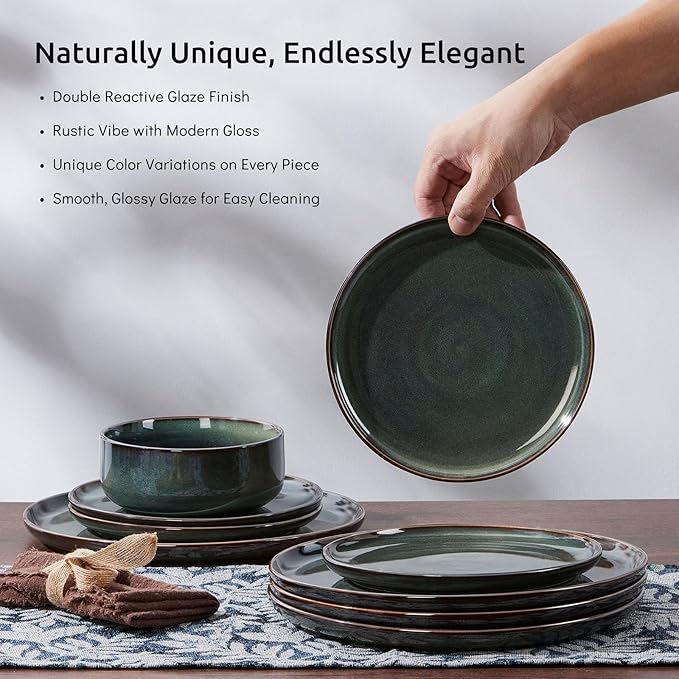 E-far Dinnerware Sets for 6, 18-Piece Stoneware Plates and Bowls Set, Ceramic Dishes Reactive Glaze Dinning Ware, Microwave & Dishwasher Safe - Obsidian Green
