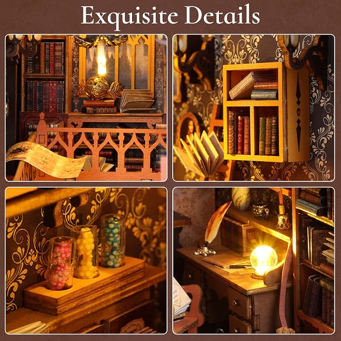 TuKIIE DIY Book Nook Miniature Kit, Booknook Dollhouse Bookshelf Insert with Sensor Light & Dust Proof, Wooden Decorative Bookend Stand Model Kits for Kids Teens Adults(Magic Library)