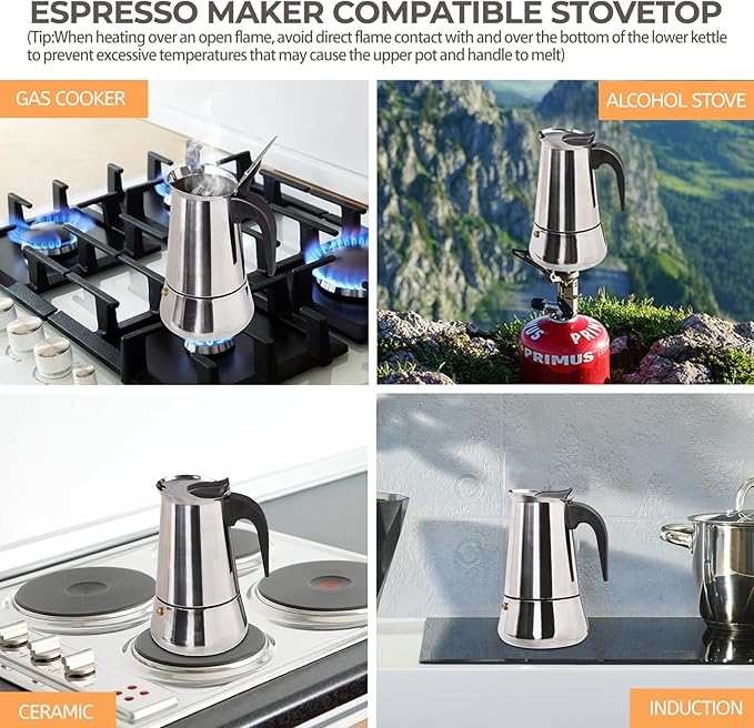2 Cup 100ml Moka Pot Stainless Steel Espresso Coffee Maker Stovetop Coffeemaker Italian Classic Style Brewing Greca Cafe Mocha Machine for Cafeteras Lover Camping Travel and Home Use 3.3oz