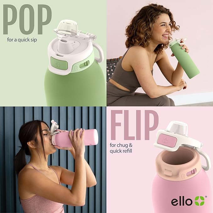 Ello Pop & Fill 32oz Stainless Steel Water Bottle with QuickFill Technology, Double Walled and Vacuum Insulated Metal, Leak Proof Locking Lid, Straw and Chug, Reusable, BPA Free, Full Bloom