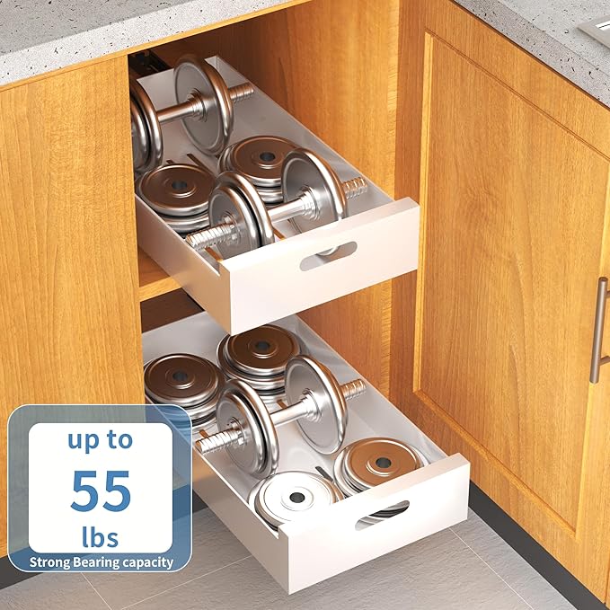 HBL' 1 Pack | 21" Deep Pull Out Cabinet Organizer Adhesive, 12-Inch Wide Sturdy Carbon Steel Roll-Out Drawers for Face Frame or Frameless Cabinets,Slide-Out Shelves for Pantry.