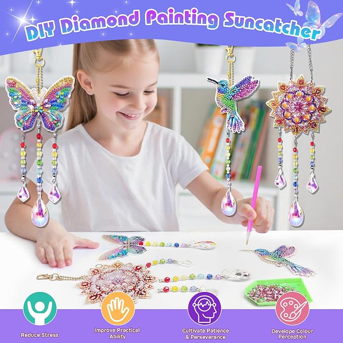 5Pcs Diamond art Kits for Kids/Adults, Crafts for Kids Ages 8-12, DIY Diamond Painting art Wind Chimes Crystal Window Suncatcher Craft, Birthday Gifts for 7 8 9 10 11 Year Old Girls, Home Garden Decor