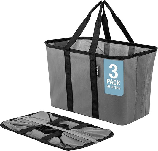 CleverMade EcoBasket Reusable Grocery Tote - 30L - Pack of 3 - Gray Black - Collapsible Storage Shopping Organizer - Heavy Duty Utility Bag Home