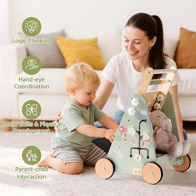 ROBOTIME Baby Walking Toy, Adjustable Speed & Height Wooden Baby Walker Push Toy, Montessori Toddler Push Toy with Brake, Storage & Multi-Activity Play Center for 10M+ Kids (Forest Fairy Tale)