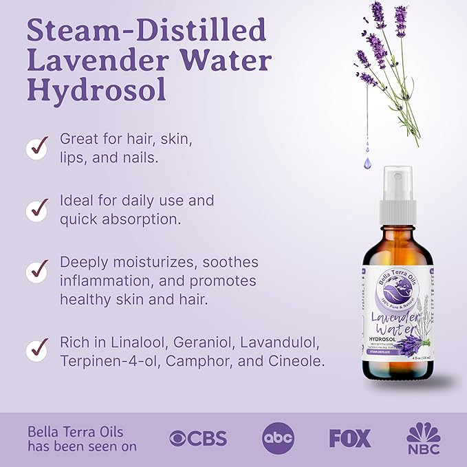 Bella Terra Oils - Lavender Water Spray 8 oz - Steam-Distilled Perfection, Bursting with Vitamin K & Omega-9, Elevate Your Skin Refreshment Routine