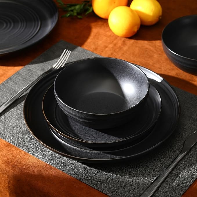 Stone Lain Elio 12-Piece Dinnerware Set Stoneware, Plates and Bowls Set, Dish Set for 4, Black