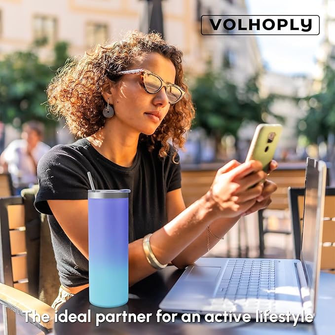 Volhoply 20 oz Skinny Tumbler with Lid and Straw, Stainless Steel Straight Tumblers Cup, Vacuum Insulated Coffee Mug for Home, Office, Travel, DIY (Purple Bule,1 Pack)