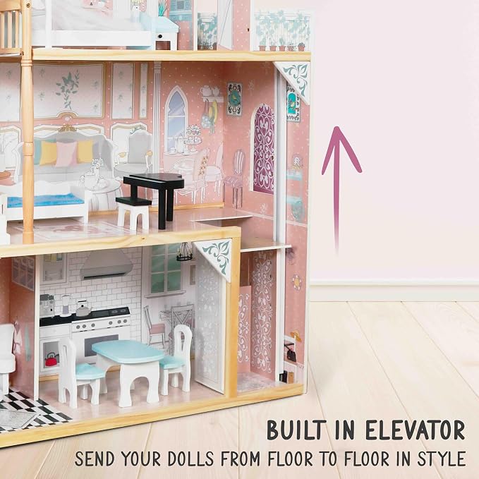 Lil' Jumbl Kids Wooden Dollhouse with Elevator, Balcony & Stairs, Accessories & Furniture Included, 3 Story Easy to Assemble Blue Dollhouse Toy - X-Large