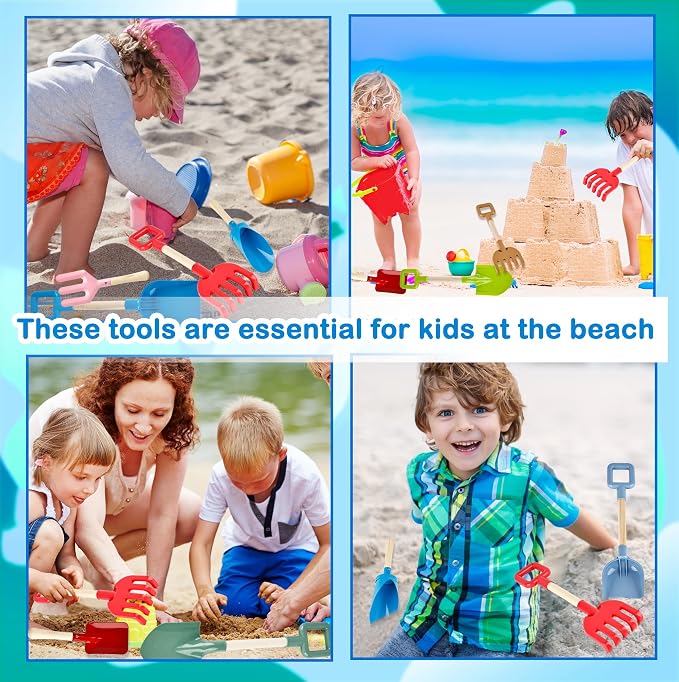 12 Pieces Kids Beach Sand Tools Long Beach Shovel Spade Sand with Sturdy Wooden Handle Safe Garden Tools Including Spoon, Fork, Rake, Flat, Pointed Shovel Cylinder Spoon Gifts for Kids