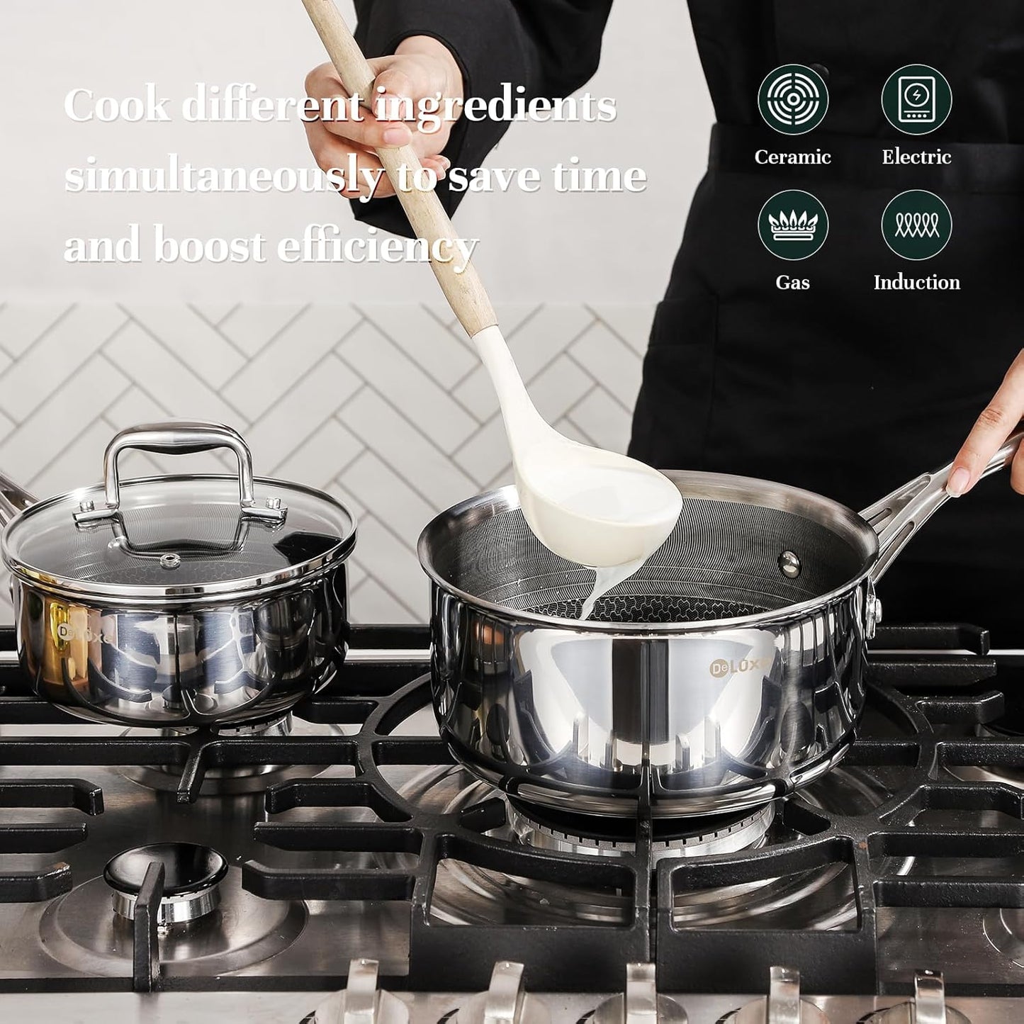 DELUXE Hybrid Ceramic Nonstick 6 PCS Pot Set, 1.3, 3&5.4-Quart Pot with Tempered Glass Lid, Stainless Steel Cookware Pots with Stay-Cool Handle, Dishwasher Safe, Compatible with All Cooktops