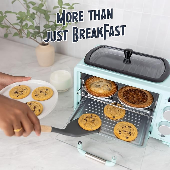Nostalgia 3-in-1 Retro Breakfast Station - Includes 5 Cup Coffee Maker, Non-Stick Ceramic Griddle, and 4-Slice Toaster Oven - Built-In Timer, Reusable Coffee Filter, Space-Saving Design - Aqua