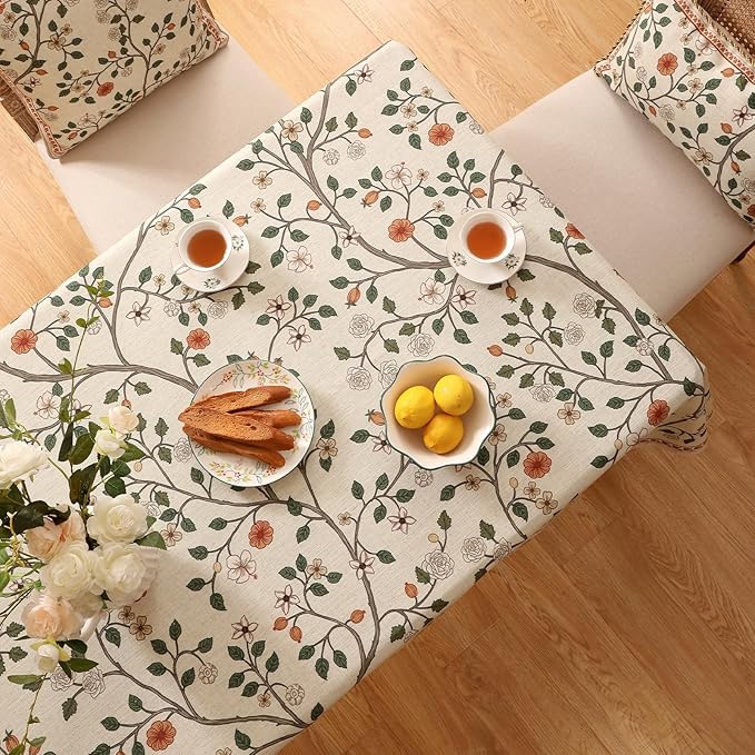 ISAENNE Designer Floral Long Rectangle Tablecloth,French Linen Light Beige Indoor Table Cloth,Fall Wrinkle Resistant Decor Tablecloths for Dining Thanksgiving Kitchen Party,63"*102"-Flora A