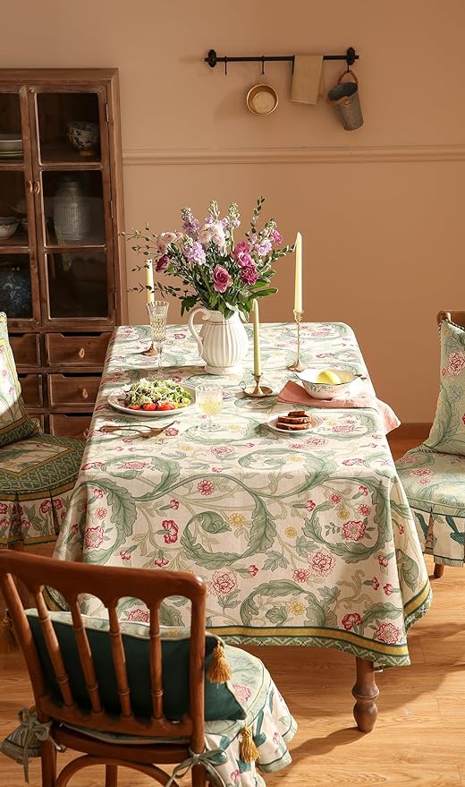 patdrea Designer Linen Tablecloths for Rectangle Table,Green Vintage Leaves Pattern Tablecloth,Decor Floral Table Cover for Kitchen Dining Christmas,Thanksgiving,Tea Party,55"x87"-Cecilia a