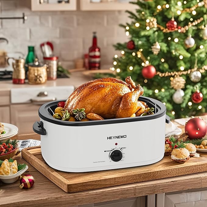 22QT Electric Roaster Oven, Electric Turkey Roaster with Viewing & Self-basting Lid, Stainless Steel Turkey Roaster Oven, White