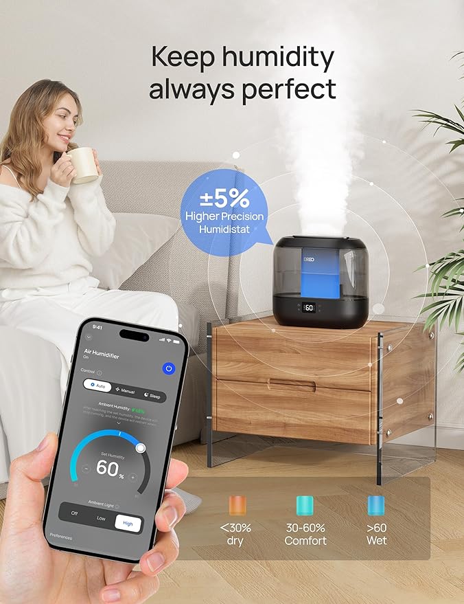 Dreo Humidifiers for Bedroom, Top Fill 4L Smart Cool Mist Humidifier with Oil Diffuser, Cartridge, Nightlight, 32H Runtime, Quiet Ultrasonic Humidifiers for Home, Baby Nursery, Plants, Office, HM311S