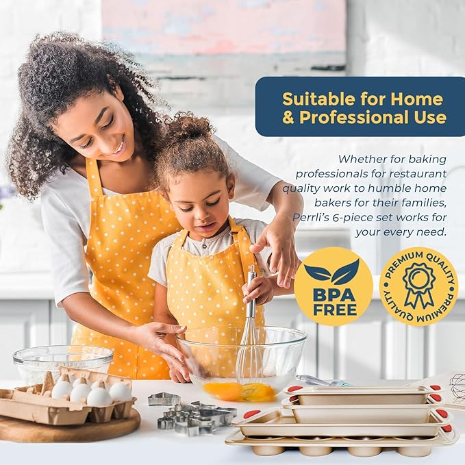 Perlli Baking Kit: Nonstick Gold Steel Oven Set - 6 Pieces, Round Cake Pan, Loaf Pan, Square Pan, Muffin Pan, Cookie Sheet, Roaster - Silicone Handles