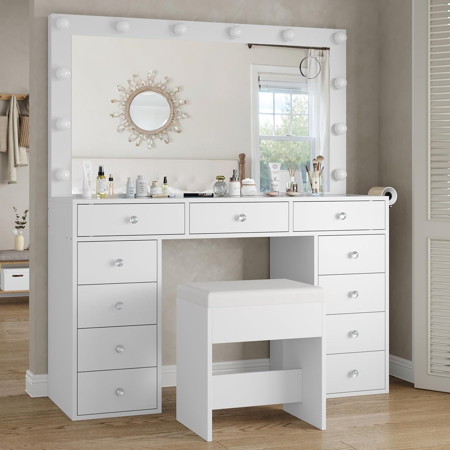 Vanity Desk & Power Outl, Makeup Vanity with Mirror and 12 LED Lights, Makeup Table with 11 Drawers, Vanity Table with Chair,Set 3 Lighting Modes Brightness Adjustable-(White)