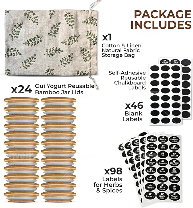Oui Yogurt Jar Lids Bamboo Tree of Life – 24-Pack Bamboo Lids for Oui Jars with Silicone Seal – Airtight Oui Jar Covers for Yogurt Glass Jars – Labels & Cotton Storage Bag Included