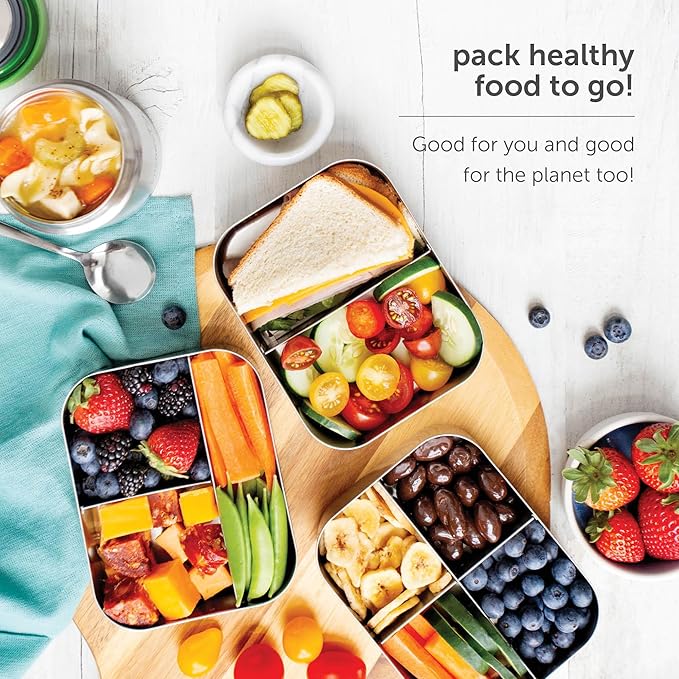 LunchBots Medium Trio II Snack Container - Divided Stainless Steel Food Container - Three Sections for Snacks On the Go - Eco-Friendly, Dishwasher Safe, BPA-Free - Stainless Lid - Blue Dots