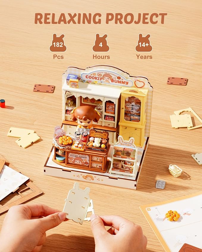 ROBOTIME DIY Miniature House Kit, Dollhouse Building Kit, Mini Wooden Furniture Kit for Adults, Birthday Christmas Craft Hobbies Gift（Cookii Bunny's Cookie Shop）