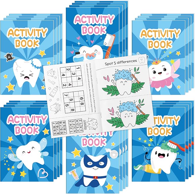 Tooth Activity Books for Kids - 48Pcs Cute Tooth Fairy Mini Games Coloring Book Set Bulk Cartoon Novelty Teeth Themed Mazes Word Search Word Scramble Games for Classroom DIY Art Gifts Party Favors
