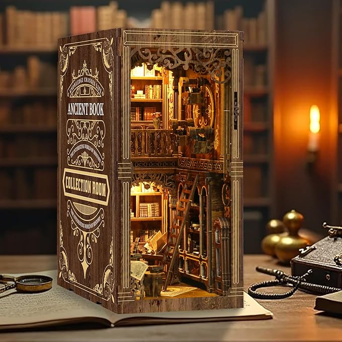 Book Nook Kit, DIY Miniature House Kit, Mini House Building Kit, Miniature Dollhouse Kit for Adults and Teens, 3D Wooden Puzzles with LED Light, Bookshelf Craft Kit (Ancient Book Collection Room)