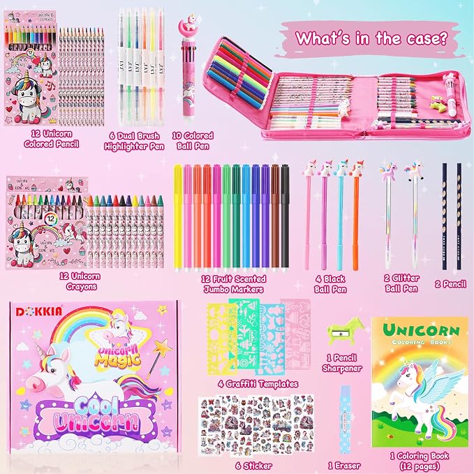 DOKKIA Fruit Scented Coloring Pens Markers Set 65 PCS Art Craft Drawing Case - Washable Kits Pencil,Gel Pen,Crayon&Coloring Book Supplies Flamingo Toucan Pink