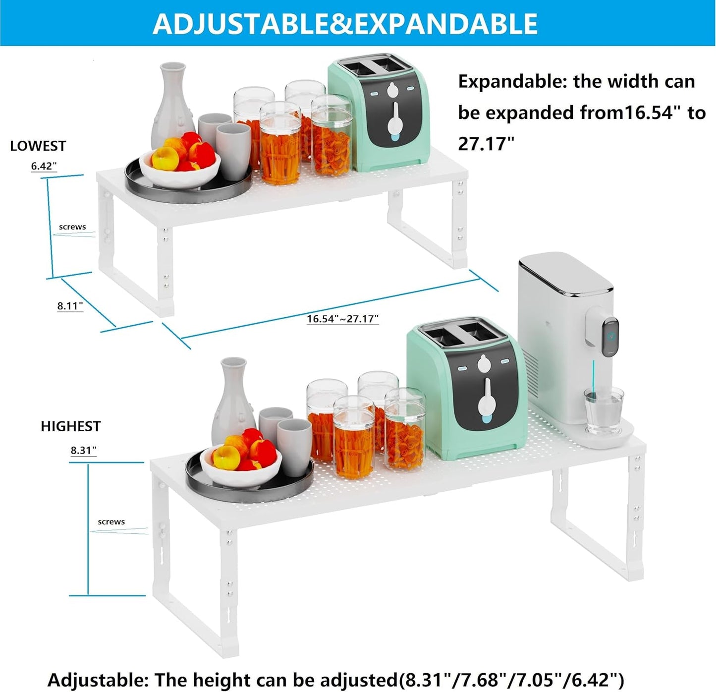 Expandable Spice Rack,Stackable Storage for Cabinet, Multi-Functional Kitchen Shelving,Height-Adjustable,Sustainable Organizer Solution(2Packs/White/Medium)