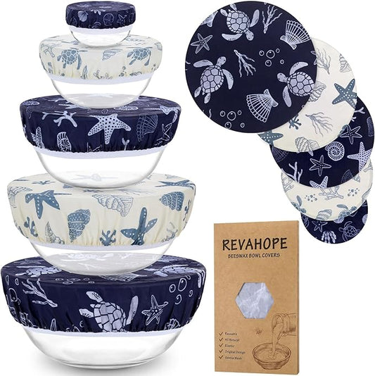5-Size Reusable Beeswax Bowl Covers for Bread Proofing, Cotton Cloth Flexible Beeswax Wraps for Food Storage(Ocean Series)