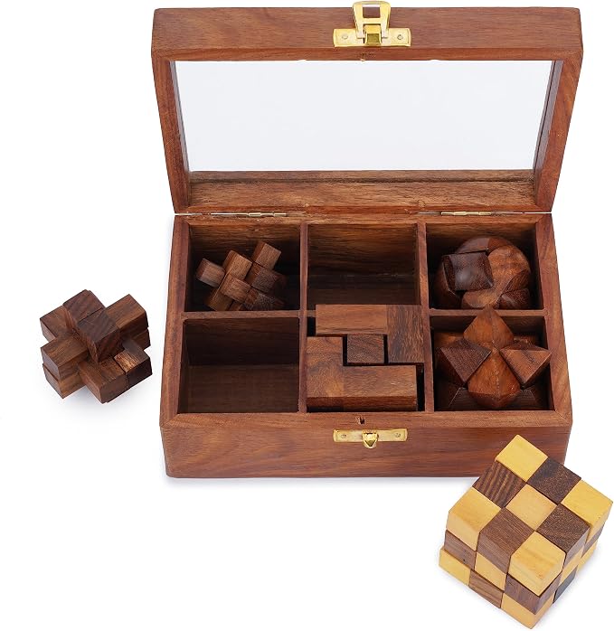 Ajuny Wooden Puzzles Box Set (6 Games) Brain Teaser for Teens & Adults, IQ Test Interlocking 3D Puzzles, Handcrafted Rustic Patio Decor, Unique Gift for Christmas and Birthdays