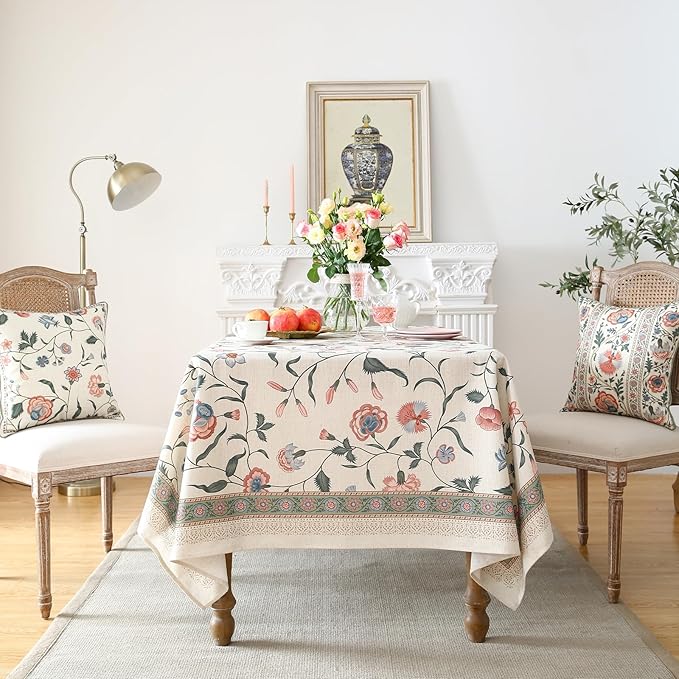 ISAENNE Designer Chinoiserie Linen Floral Table Cloth for Rectangle Table,White Wrinkle Resistant Tablecloth,Elegant Decor Tablecloths for Dining Thanksgiving Kitchen Party,55"*79"-Daffy