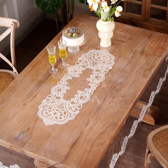 Clear Table Cover Protector Vinyl Table Cloth Rectangle with Lace Pattern Oil Spill Proof Vintage Rustic Plastic Table Covers for Dining Tables (White Lace, 52 x 70 Inches)