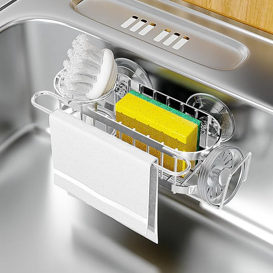 Cisily Kitchen Sink Caddy Sponge Holder in The Sink, Stainless Steel Kitchen Sink Organizer, Brush Holder, Dish Cloth Hanger, Sink Stopper Holder with 2 Installation Ways (Suction & Adhesives, Silver