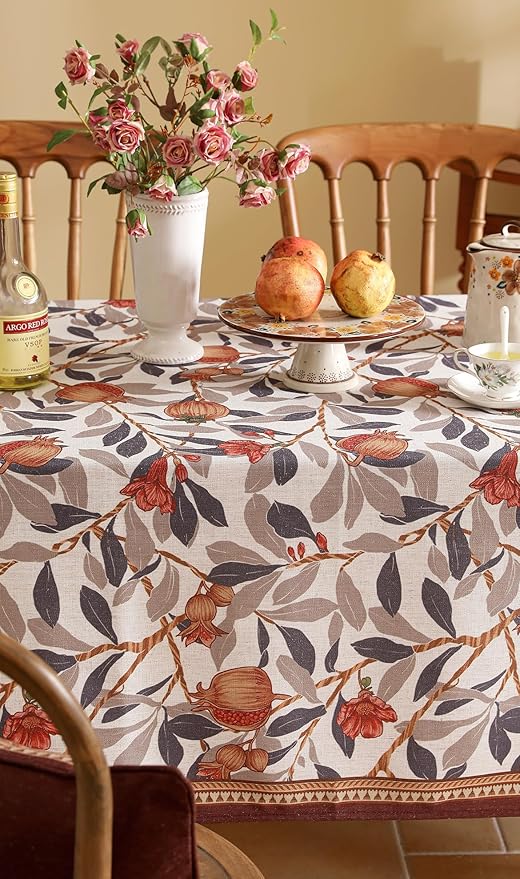patdrea Designer Vintage Long Rectangle Tablecloth,Linen Pomegranates and Leaves Pattern Tablecloths,Fall Table Cover Cloth Decor for Kitchen Dining Christmas,Thanksgiving,63"x94"-Tehran a