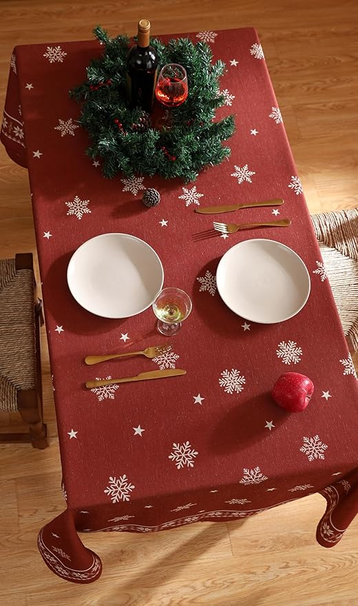 ISAENNE Designer Christmas Red Small Square Tablecloth,Linen Table Cloth with Snowflakes Pattern,Wrinkle Resistant Decor Tablecloths for Dining Kitchen Thanksgiving Christmas,55"*55"-Carol C