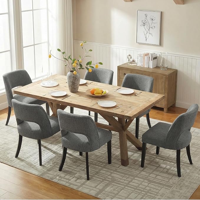 keoni Wooden Dining Chairs Set of 4, Mid Century Modern Upholstered Dining Room Chairs with Black Wood Legs, Fabric Farmhouse Kitchen Chairs with Foot Pegs for Dining Room, Dark Gray