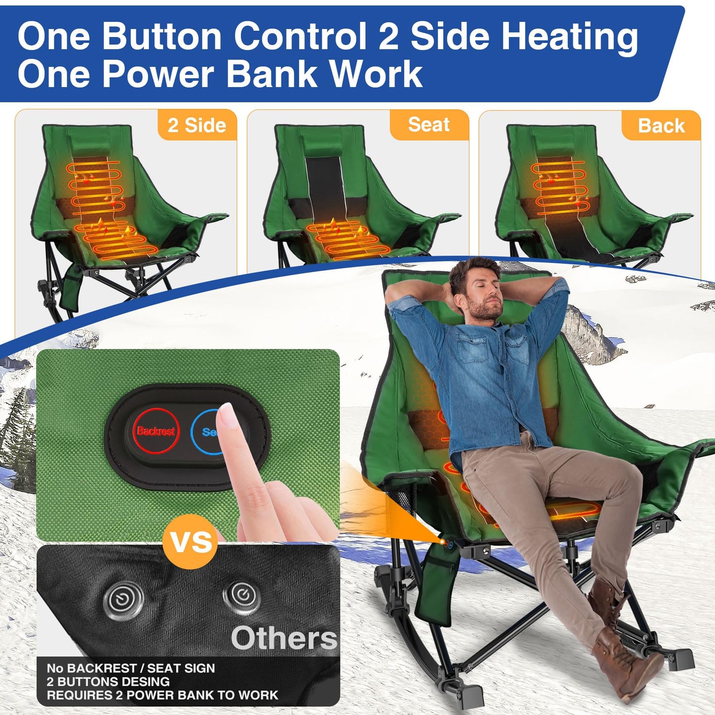 Slendor Oversized Rocking Camping Chair, Heated Camping Chair with 3 Heat Levels, Portable Outdoor Rocker Chair, High Back, Pillow, Carry Bag, Padded, Supports 330 lbs, Green
