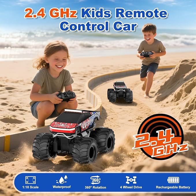 TOZDTO Remote Control Car, Amphibious Monster Truck Toys for Boys RC Cars, 2.4 GHz Waterproof RC Trucks, 1:18 4WD All Terrain Off-Road Pickup, Cool Christmas Birthday Ideas Gifts for Kids 6+ Year Old