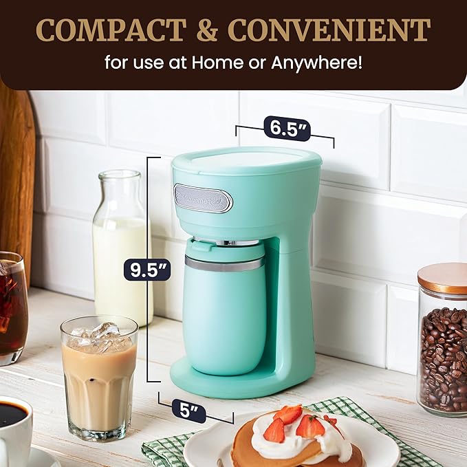 Elite Gourmet EHC242M Personal Single-Serve Compact Coffee Maker Brewer Includes 12oz. Dual Wall, Travel Mug with Stainless Steel Interior, Compatible with Coffee Grounds, Reusable Mesh Filter, Mint