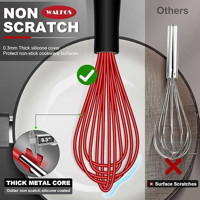Walfos Whisk, Silicone Whisk Heat Resistant (480°F) Kitchen Whisks Set of 4- Professional Whisks For Cooking Non Scratch, Balloon Egg Wisk Perfect for Frothing, Blending, Beating