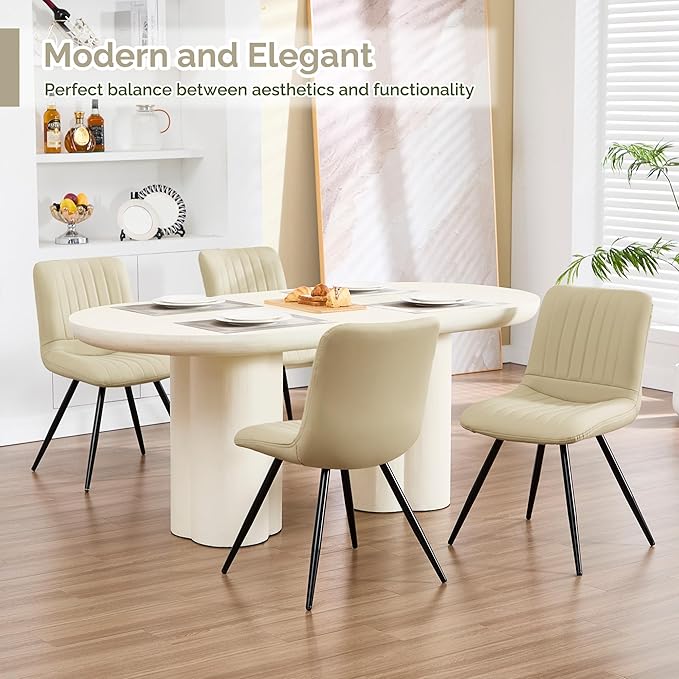 Dining Chairs Set of 2, Modern Dining Chairs with Thick Cushions, PU Leather Upholstered Kitchen Dining Room Chairs with Metal Legs for Dining Living Room (Khaki)