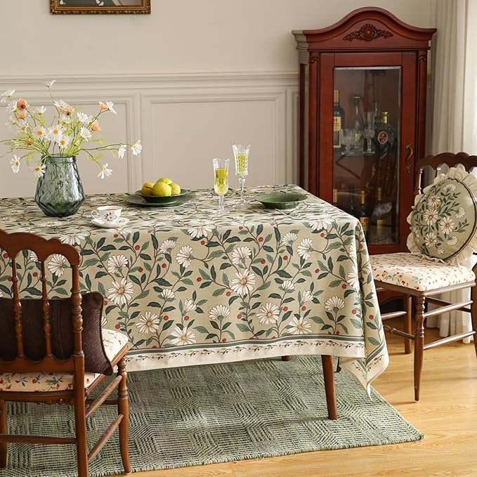 ISAENNE Designer Green Linen Extra Long Tablecloth Rectangle,Floral French Country Indoor Table Cloth,Stain Resistant Home Decor Tablecloths for Dining Kitchen Thanksgiving Party,63"*110"-Brune